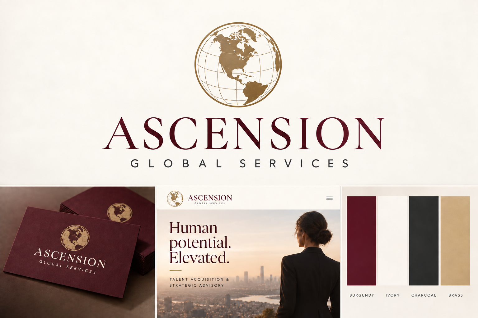 Approved Ascension brand concept with a United States centered brass globe, burgundy serif wordmark, business card and website applications