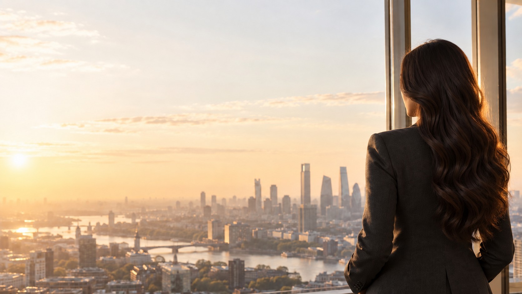 Professional looking toward a city skyline from an office window